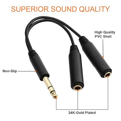 TISINO 6.35mm (1/4 inch) Jack Splitter Cable, 20cm (8 inches), Headphone Splitter Cable, Splitter, Stereo Male to Dual Stereo Female Jack, Compatible with Headphone, Amplifier, Karaoke