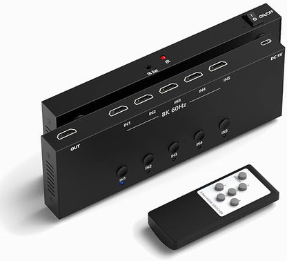 8K 5 in to 1 Out HDMI Switcher，5 Way HDMI Converter & Infrared Remote Control - Ideal for Nintendo Switch/OLED/Xbox PS5/4/3 Blu-Ray Player Fire TV Stick Roku Apple TV Chromecast PC