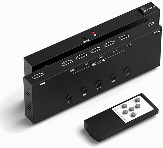 8K 5 in to 1 Out HDMI Switcher，5 Way HDMI Converter & Infrared Remote Control - Ideal for Nintendo Switch/OLED/Xbox PS5/4/3 Blu-Ray Player Fire TV Stick Roku Apple TV Chromecast PC