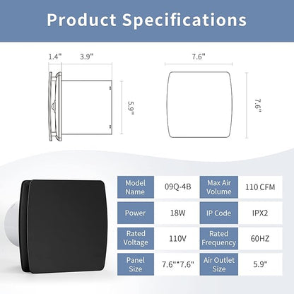 Zeyzer Black Bathroom Fan 110 CFM 1.0 Sone 5.9" Duct Square Ceiling or Wall Mount Ventilation Exhaust Fan for Bathroom/Corridor/Office/Laundry Room/SHop