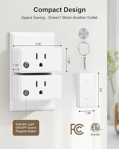 TREEWELL Remote Control Outlet, 200FT Long Range Wireless Light Switch, Mini Electrical Outlet Plug, 15A/1875W High-Power for Lamps, Lights, Household Appliances, FCC & ETL Listed