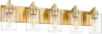 METWET 5-Light Bathroom Light Fixtures, 30 Inch Brushed Gold Vanity Light with Cylinder Clear Glass Shade, Modern Vanity Lighting Fixtures Over Mirror, VL143-BG-5