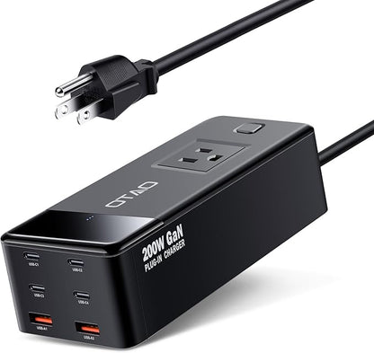200W Power Station, 7-in-1 GaN Fasting Charging Station USB C Charger Power Strip with AC Adapter for MacBook Laptops iPhone iPad, 4 USB-C+2 USB-A Ports+1 AC Outlets Desktop Accessory for Home Office