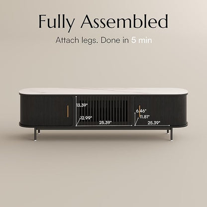 POVISON Fully-Assembled Mid Century Modern Black TV Stand with White Glossy Sintered Stone Tabletop & LED Lights, Rolling Door Media Console, Wood TV Console for Living Room