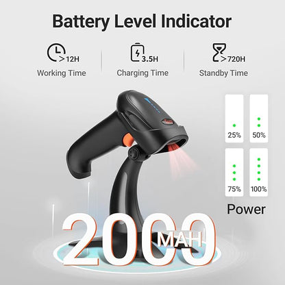 Tera Barcode Scanner Wireless 1D 2D QR with Stand: Battery Level Indicator 3 in 1 Works with Bluetooth 2.4G Wireless USB Wired Handheld Bar Code Reader with Vibration Alert HW0002 Black