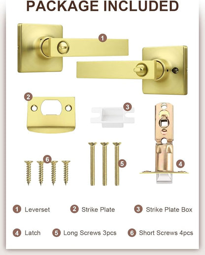 Mengico 5 Pack Gold Privacy Lever Door Handle Interior with Lock, Heavy Duty Square Door Lock for Bed/Bath, Keyless Door Locksets, Reversible for Left Right Handed Doors