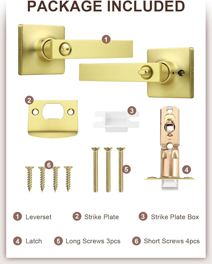 Mengico 10 Pack Gold Privacy Lever Door Handle Interior with Lock, Heavy Duty Square Door Lock for Bed/Bath, Keyless Door Locksets, Reversible for Left Right Handed Doors