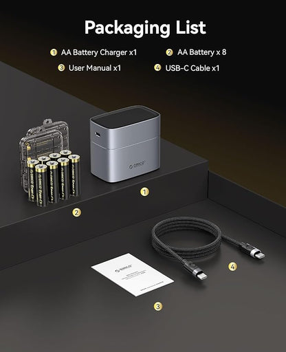 ORICO Rechargeable AA Lithium Batteries with Charger(8 Pack, 1.5V), Recharge up to 1500+ Cycles, 2.5H Fast Charger, Li-Ion Batteries Suitable for Remote Control, Electronic Toys -LEV8