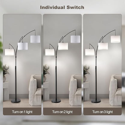 Fansdrick Floor lamp with Remote, 3 Light Arc Floor Lamps for Living Room, 2400LM Tall Standing Floor Lamps with White Shades, 80" Large Floor Lamp for Bedroom, Office