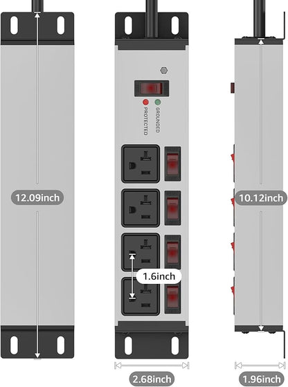 CCCEI Heavy Duty Surge Protector Power Strip 20 Amp Individual Switches. 15FT 12 Gauge Extension Cord with Multiple Outlets. Kitchen, Garage, Shop, Industrial Wall Mount Electric Extender, Grey.