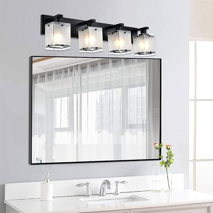 WINSHEN 4-Lights Bathroom Vanity Lighting Over Mirror, Black Bathroom Wall Light Fixtures with Frosted Rectangular Glass Shade for Bath Living Room, E26 Bulb Base