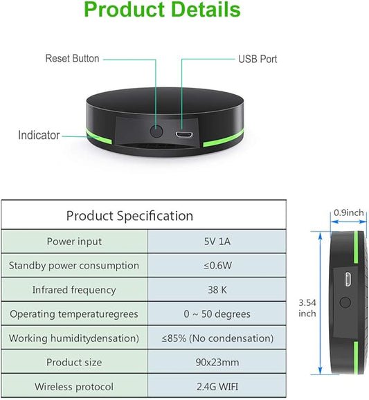 Smart IR Remote Control Hub WiFi Infrared Universal Remote Control IR Blaster Smart Home Automation Compatible with Alexa Google Home