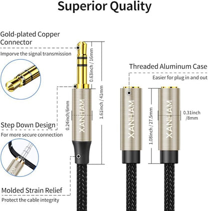 XANHAM 3.5mm Audio Stereo Y Splitter TRS Aux 1/8 Inch Mini Jack Extension 1 in 2 Out Adapter Cable for Headphone Audio Sharing Compatible with iPhone, iPad, iPod, Smartphone, Tablet, Laptop/PC, etc