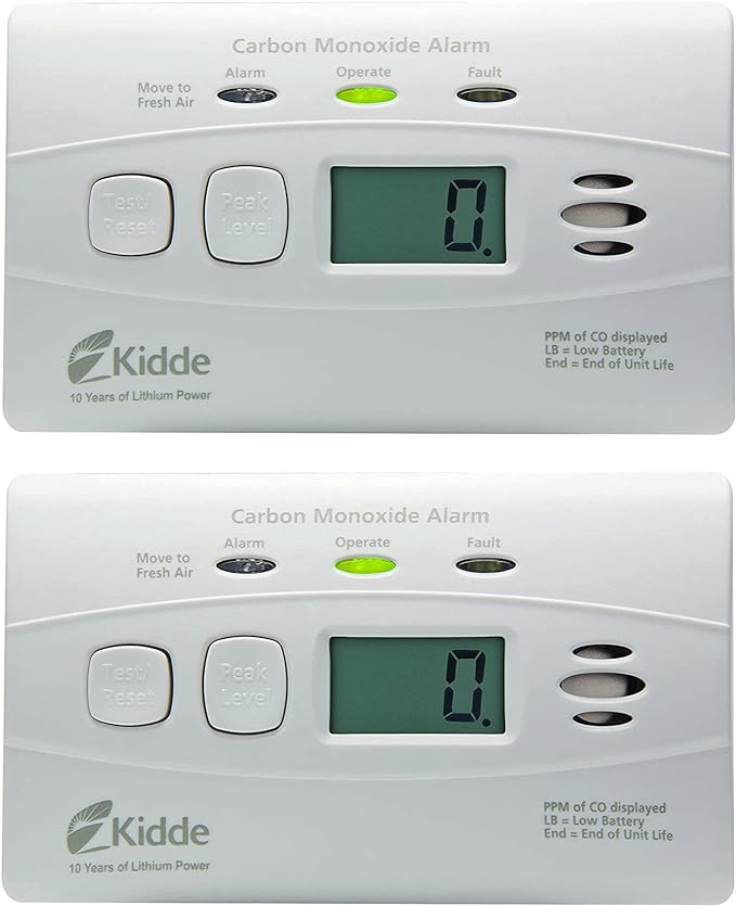 Kidde Carbon Monoxide Detector with Long-Life Lithium Battery, Digital Display, 3 LEDs, Pack of 2 & Nighthawk Carbon Monoxide Detector, AC-Plug-in with Battery Backup, Digital Display