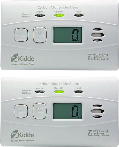 Kidde Carbon Monoxide Detector with Long-Life Lithium Battery, Digital Display, 3 LEDs, Pack of 2 & Nighthawk Carbon Monoxide Detector, AC-Plug-in with Battery Backup, Digital Display