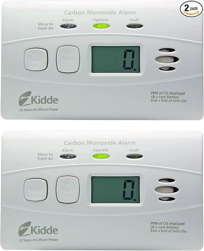 Kidde Carbon Monoxide Detector with 10-Year Battery, Digital Display, 3 LEDs, Replacement Indicator, Peak Level Memory, 2 Pack