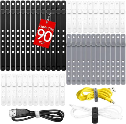 AROIC 90Pcs Silicone Cable Ties with 3 Sizes,Reusable and Washable with Adjustable Locking Buckle Design, Cord Organizer for Home, Office, Travel Essential, School (3 Colors)