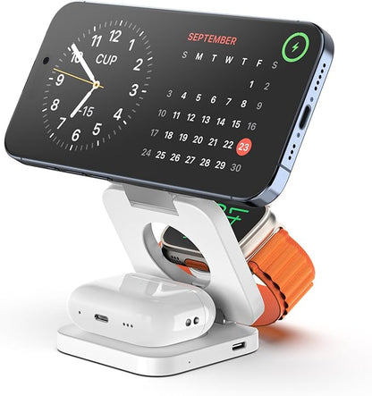 Fast Wireless Charger, Magnetic Foldable 3 in 1 Charging Station for iPhone 16/15/14/13/12/Pro/Plus/Pro Max, 5W Portable Charger for Apple Watch9/8/7/6/5/4/3/SE, for Airpods3/2/Pro-White