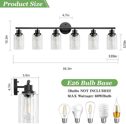 Guliaofo 6-Light E26 Black Bathroom Vanity Lights, Modern Bathroom Light Fixtures with Clear Glass Shade, Wall Lamps for Mirror Hallway Kitchen Cabinet Living Room Sconces Lights