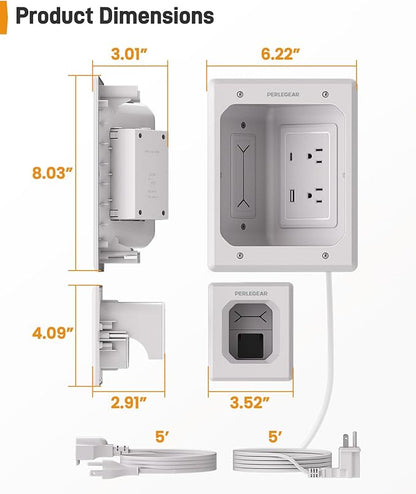 Perlegear TV in-Wall Cable Management Kit, USB and Typ C Ports Cord Hider for Wall Mount TV with Recessed Power, Includes Drill Templates, Dust Bags, Drywall Saw, Extension Cable