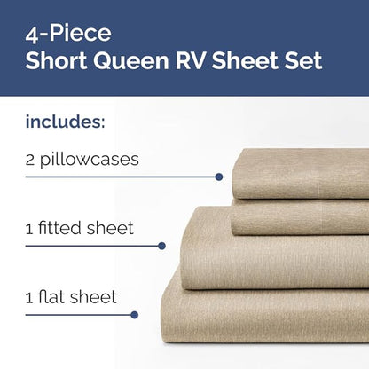 RV Short Queen Sheet Set 60 X 75 - 4 Piece RV Short Queen Bed Sheets - Soft, Breathable & Cooling - Designed for Bunks, Trailers & Campers - Fits 8” to 12" Mattress - Luxury Bedding - Heathered Beige
