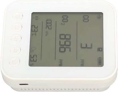 Torvex CO2 Monitor, Air Quality Meter with LCD Humidity Temperature Pressure Sensor, Indoor CO2 Detector 7 in 1 5V White Desktop Unit for Home Office Environment Monitoring