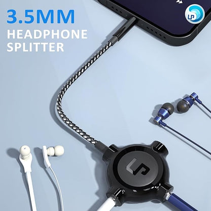 LP Headphone Splitter, Nylon-Braided 3.5mm Audio Stereo Splitter, Male to 3 Female Ports for MacBook, Mac, iPad, iPhone(≤6), iPod, Tablet, Laptop, PC, Earphone, Kindle, MP3 Player, Speaker & More