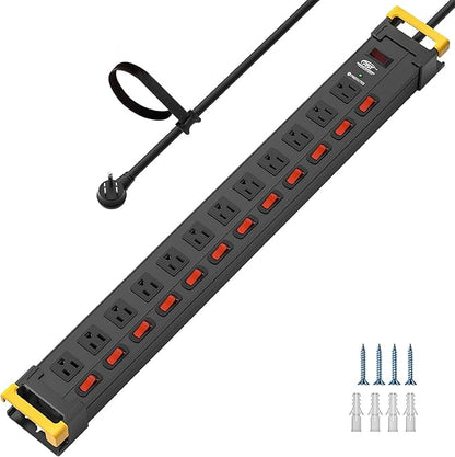CRST Heavy Duty Metal Power Strip with Individual Switches, 12 Outlets Long Surge Protector Power Strip (1020J), 15A/1875W, 9FT Cord, Use for Garage Workshop Office School and Home...