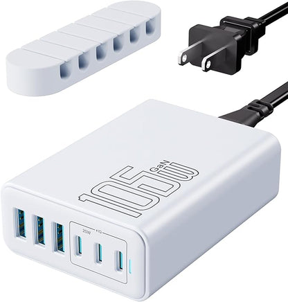 USB C Fast Charger, 105W GaN 6-Port Desktop USB Charging Station Hub, USB C Charger Block Wall Charger for iPhone 17/16/15/14/13/12/11, iPad, Samsung and More (Cable Organizer Included)