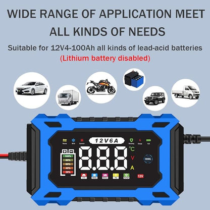 6-Amp 12V Smart Car Battery Charger, Battery Maintainer Trickle Charger with Desulfator, Pulse Repair & Overcharge Protection - for Car Lawn Mower Marine Lead-Acid Batteries (Blue)