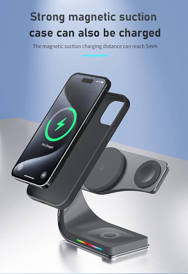 Wireless Charger, 3 in 1 Fast Charging Station for iPhone 15/14/13/12, Apple Watch, AirPods, 15W Magnetic Foldable Charging Dock, Portable Qi Wireless Charger Stand for Home, Office, Travel