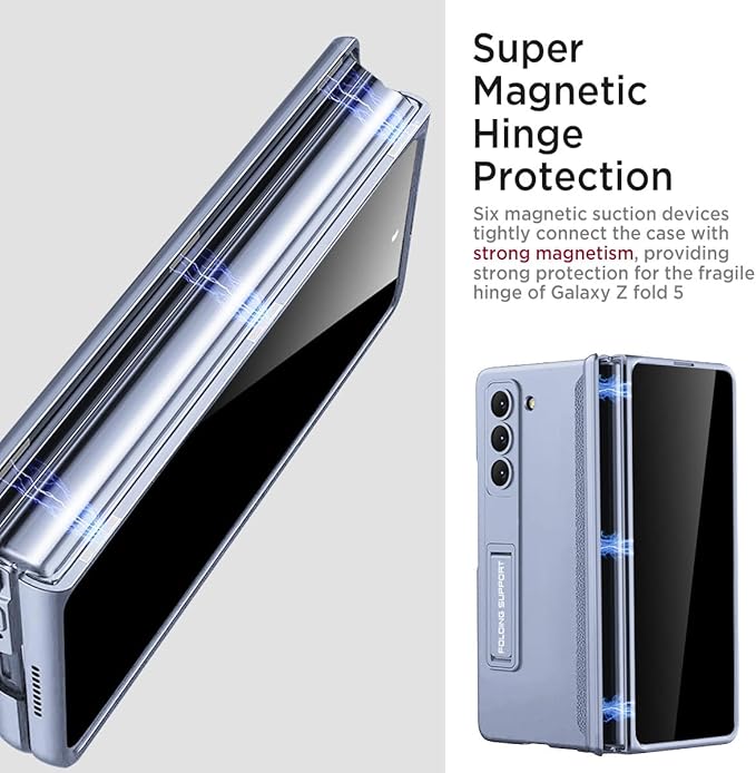 Miimall for Samsung Galaxy Z Fold 5 Case with Privacy Screen Protector, Built-in Adjustable Kickstand & Magnetic Hinge Protection All-Inclusive Protective Case for Galaxy Z Fold 5 5G(Ice Blue)