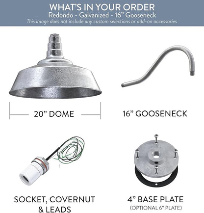 Steel Lighting Co. Large Outdoor Barn Light | Gooseneck Light Fixture | Made in America from 18-Gauge Steel | 20" Dome | 16" Gooseneck Galvanized Exterior/Galvanized Interior