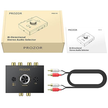 PROZOR 3.5mm & RCA Bi-Directional Audio Switch, 2-in-1-Out / 1-in-2-Out Passive Splitter with Volume Knob & Mute Button, Stereo L/R Audio Switcher Selector Box for Headphones, Amplifiers, Speakers