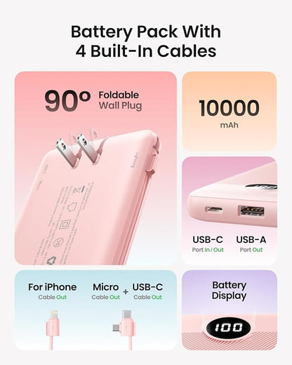 Coowisty Portable Charger Built-in Cables and Wall Plug, 10000mAh Slim USB C Power Bank, LED Display External Battery Pack Compatible with iPhone/Android & More (Pink)