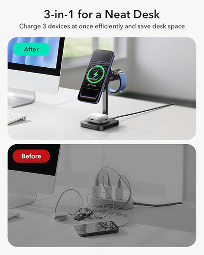 ESR for 3 in 1 Charging Station, Qi2.2 Certified 25W MagSafe Charger Stand with CryoBoost, Phone-Cooling Fast Charging Station, for iPhone 17/16 with iOS 26, AirPods, Apple Watch, Black