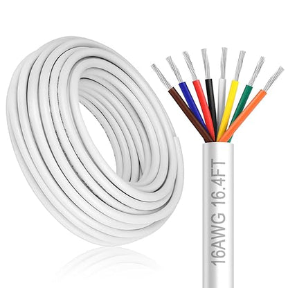 16 Gauge 8 Conductor Electrical Wire, 16.4FT White Stranded Low Voltage 16/8 PVC Case, 16 AWG Tinned Copper 8 Wire Extension Power for Strips LED Lamp Lighting