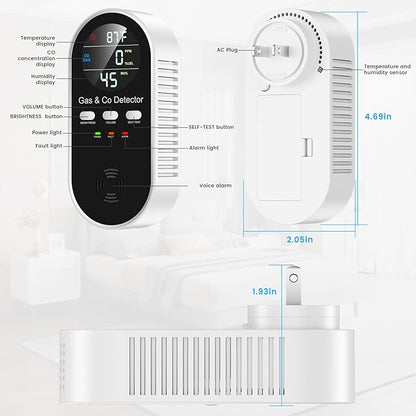 5 in 1 Carbon Monoxide Detectors Plug in with Temperature Humidity Sensor Built in Battery Backup, Natural Gas Leak Detector with Clear LED Display Sound & Light Warning for Home/Hotel, 2Pcs, Black.