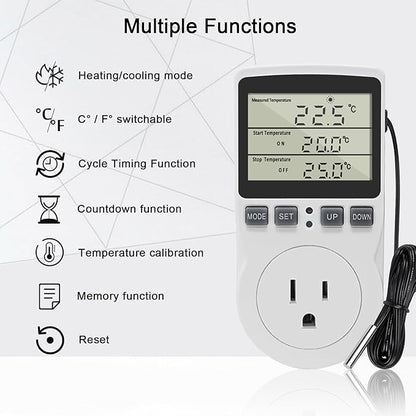 KETOTEK Digital Thermostat Outlet Plug Temperature Controller Outlet Socket 120V Heating Cooling Control 110V 15A Celsius Fahrenheit Display White