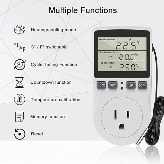 KETOTEK Digital Thermostat Outlet Plug Temperature Controller Outlet Socket 120V Heating Cooling Control 110V 15A Celsius Fahrenheit Display White