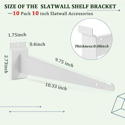 AYAYGD 10 Inch Slat Wall Knife Shelf Bracket, 10 Pack Heavy Duty Slatwall Bracket for Shelves, White Slatwall Accessories with Lip for Slat Wall Panels Shelving Display Home Commercial
