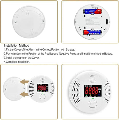 Carbon Monoxide Detector and Smoke Alarm Combined with AA Battery Powered high-Definition Color Screen Detector LCD Digital Display for Home Office Kitchen Hotel Bedroom Voice Alarm 2PACK