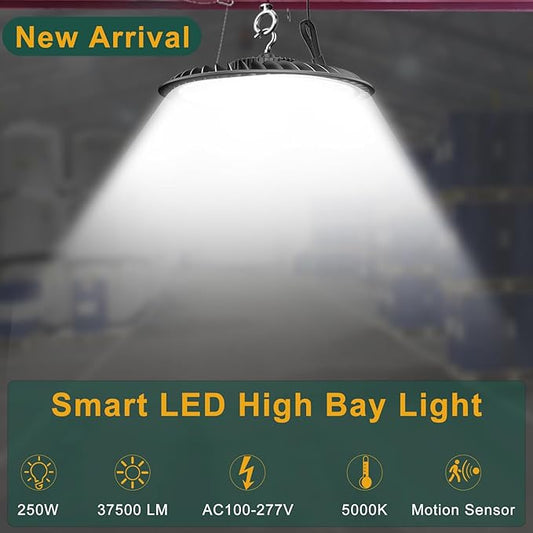 ACOHOOK 250W High Bay LED Shop Lights 37500lm UFO LED Lights AC100-277V UFO High Bay Light with Smart Control Supports Normal Mode & Motion Sensor Mode(Energy Saving)-4Pack