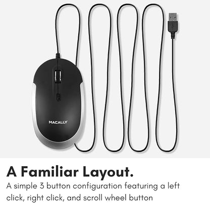 Macally Silent Wired Mouse - Slim & Compact USB Mouse for Apple Mac or Windows PC Laptop/Desktop - Designed with Optical Sensor & DPI Switch - Simple & Comfortable Wired Computer Mice (Space Gray)
