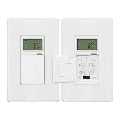 ENERLITES Programmable Digital Timer Switch for Lights, Fans, Motors, 7-Day 18 ON/OFF Timer Settings, Single Pole, Neutral Wire Required, UL Listed, HET01-C, White, 2 Pack