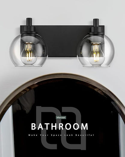 METWET Bathroom Light Fixtures, 2 Light Matte Black Vanity Light, Modern Wall Sconces with Clear Glass Globe Shade, Bathroom Wall Lights Over Mirror Kitchen Bedroom Hallway, VL195-MB-2