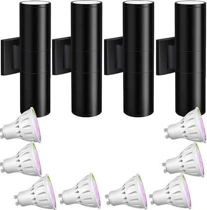 rosykite Exterior Double Up Down Outdoor Wall Lights,Mi.Light Remote Control RGB Color Changing 1000lm Warm White 3000k RGBW Cylinder Outdoor Wall Light,Smart LED Exterior Lighting (4 Pack)