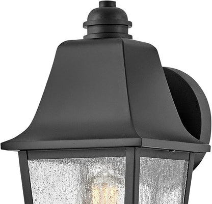 Hinkley Kingston Single Light Wall Mount Outdoor Lantern - Oversized Sweeping Roof & Bottom Arm, Aluminum, Clear Seedy Glass - Black Finish