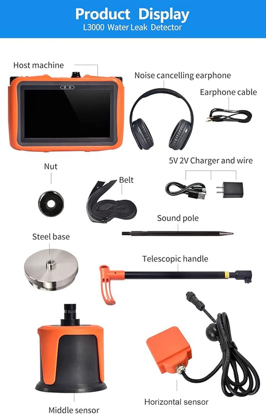 PQWT L3000 Acoustic Water Leak Detector for Home and Outside Ground Wall Water Pipeline Leakage Detection Kit Multi Sensor Professional Noise Reduction Headphone Smart Touchscreen Aluminum Carry Case