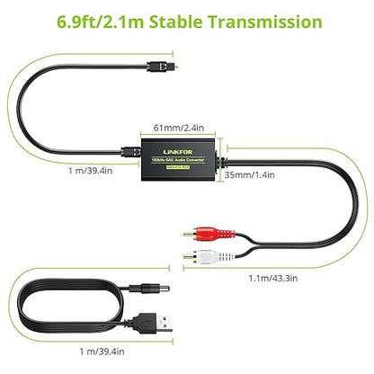 LiNKFOR 192kHz DAC Converter Digital to Analog Converter Digital Optical SPDIF Toslink to Analog Stereo Audio RCA L/R Audio Adapter with Optical Cable for HDTV Blu Ray DVD Amps (RCA Male)